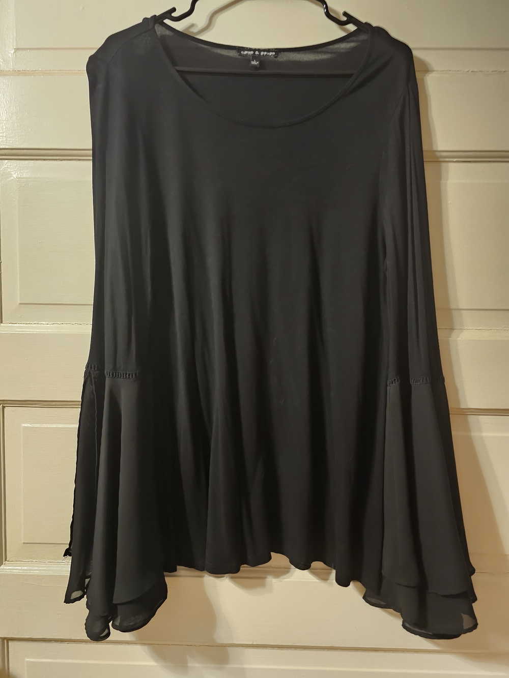 ​Cable & Gauge Black Tiered Chiffon Bell Sleeve Knit Top